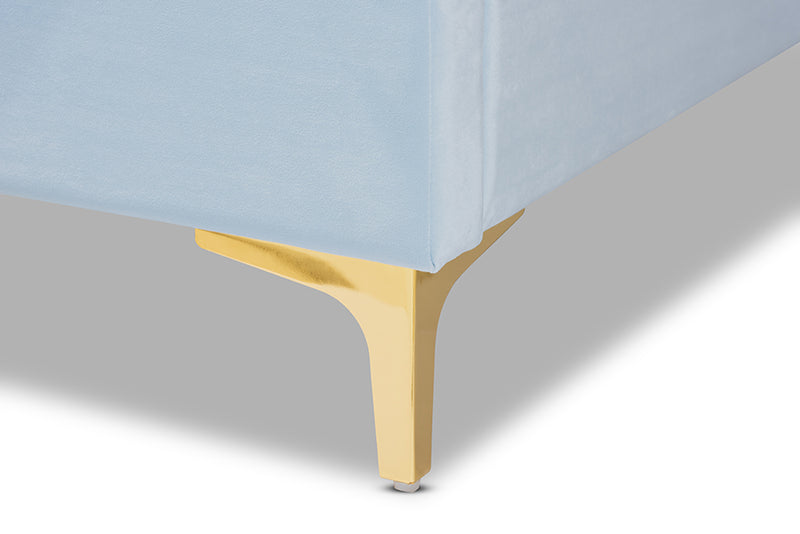 Connor Glam and Luxe Light Blue Velvet Fabric Upholstered Queen Size Platform Bed w/Gold-Tone Legs