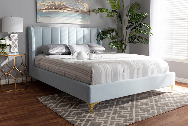 Connor Glam and Luxe Light Blue Velvet Fabric Upholstered Queen Size Platform Bed w/Gold-Tone Legs