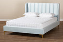 Connor Light Blue Velvet Fabric Queen Size Platform Bed w/Gold-Tone Legs Baxton