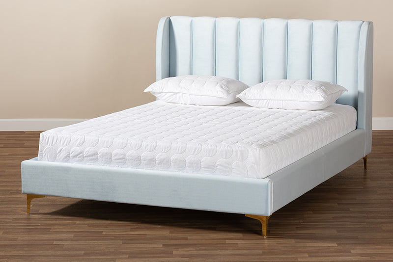 Connor Glam and Luxe Light Blue Velvet Fabric Upholstered Queen Size Platform Bed w/Gold-Tone Legs