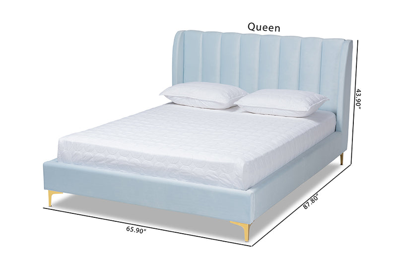 Connor Glam and Luxe Light Blue Velvet Fabric Upholstered Queen Size Platform Bed w/Gold-Tone Legs