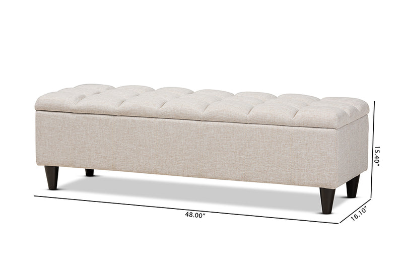 Beyla Mid-Century Modern Beige Fabric Upholstered Dark Brown Finished Wood Storage Bench Ottoman