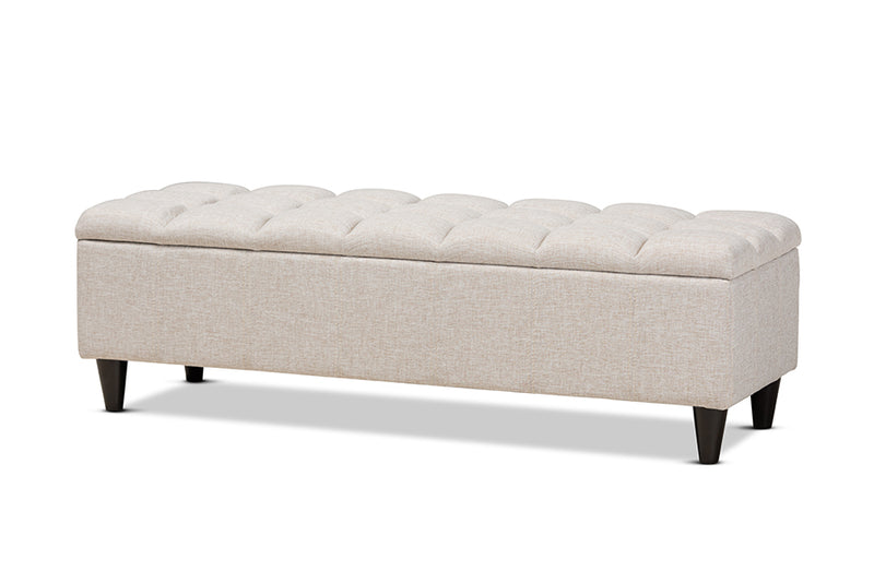 Beyla Mid-Century Modern Beige Fabric Upholstered Dark Brown Finished Wood Storage Bench Ottoman