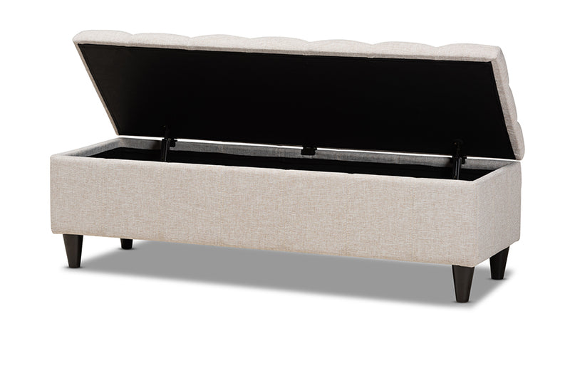 Beyla Mid-Century Modern Beige Fabric Upholstered Dark Brown Finished Wood Storage Bench Ottoman