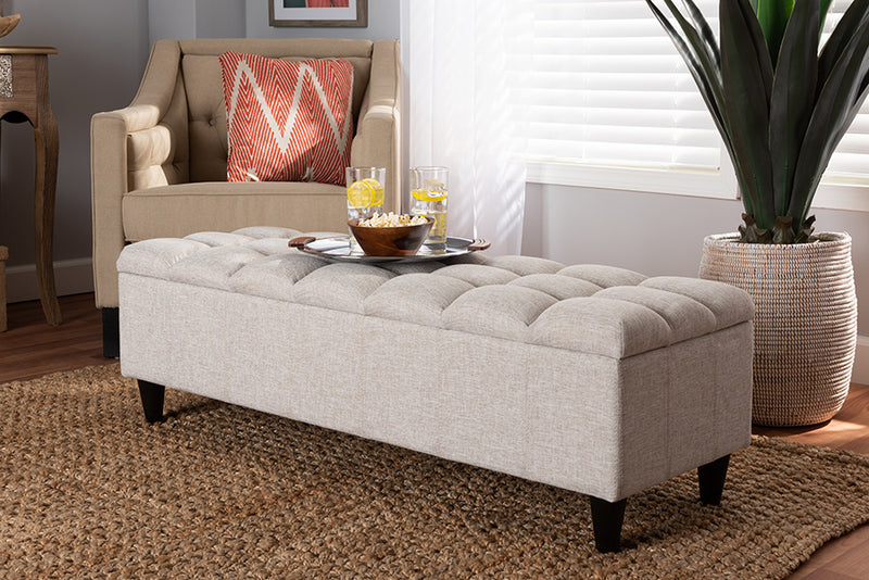 Beyla Mid-Century Modern Beige Fabric Upholstered Dark Brown Finished Wood Storage Bench Ottoman