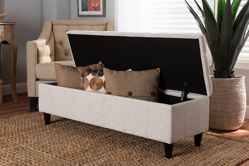 Beyla Mid-Century Modern Beige Fabric Upholstered Dark Brown Finished Wood Storage Bench Ottoman