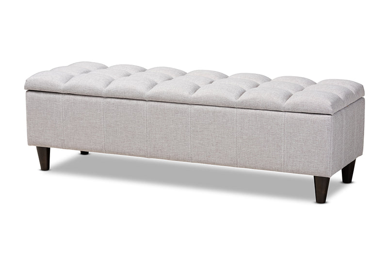 Beyla Mid-Century Modern Grayish Beige Fabric Upholstered Dark Brown Finished Wood Storage Bench Ottoman