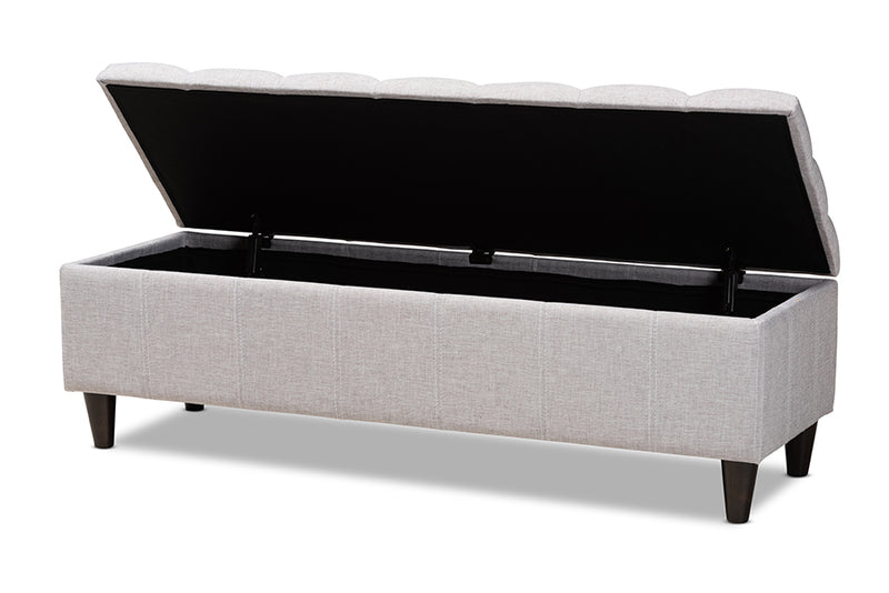 Beyla Mid-Century Modern Grayish Beige Fabric Upholstered Dark Brown Finished Wood Storage Bench Ottoman