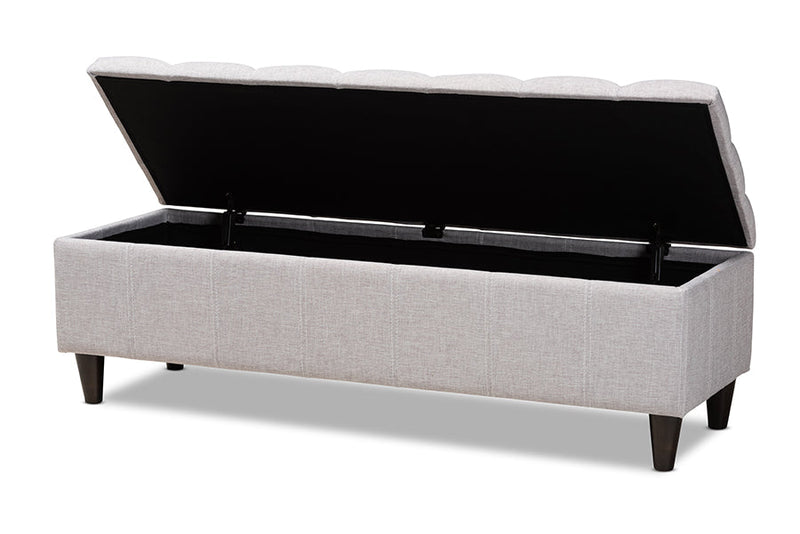 Beyla Grayish Beige Fabric Upholstered Dark Brown Storage Bench Ottoman Baxton