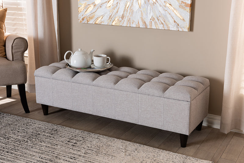 Beyla Mid-Century Modern Grayish Beige Fabric Upholstered Dark Brown Finished Wood Storage Bench Ottoman