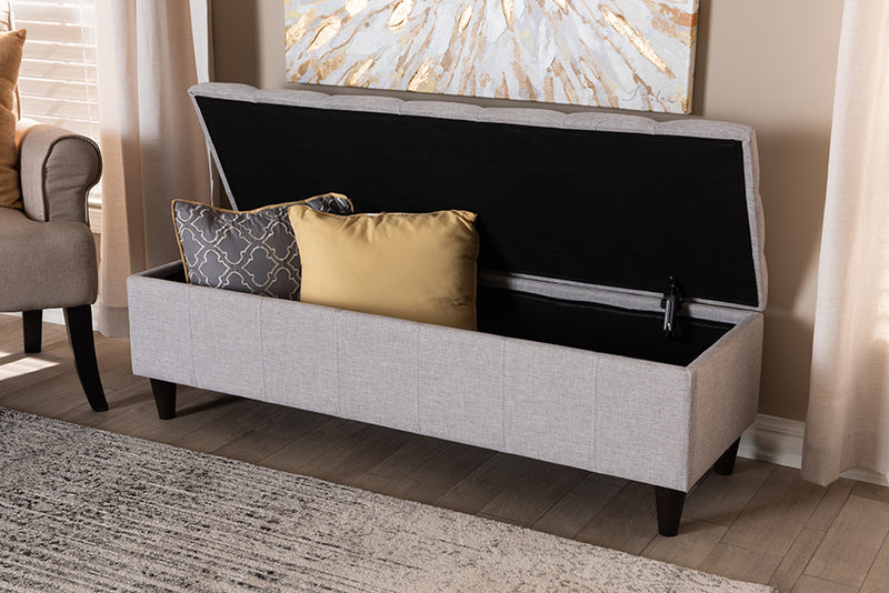 Beyla Mid-Century Modern Grayish Beige Fabric Upholstered Dark Brown Finished Wood Storage Bench Ottoman