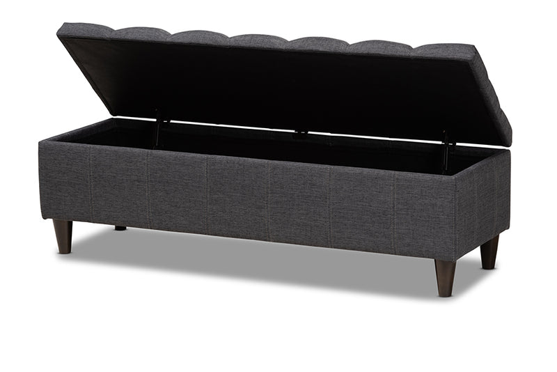 Beyla Mid-Century Modern Charcoal Fabric Upholstered Dark Brown Finished Wood Storage Bench Ottoman