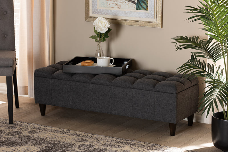 Beyla Mid-Century Modern Charcoal Fabric Upholstered Dark Brown Finished Wood Storage Bench Ottoman