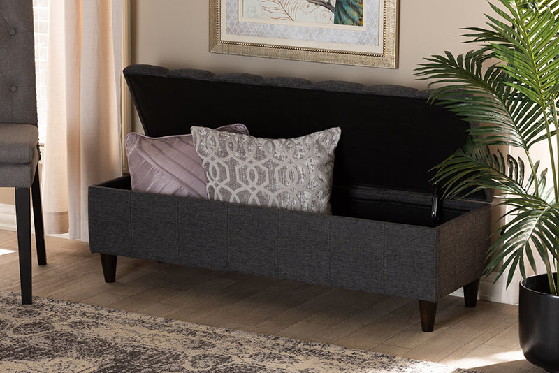 Beyla Mid-Century Modern Charcoal Fabric Upholstered Dark Brown Finished Wood Storage Bench Ottoman