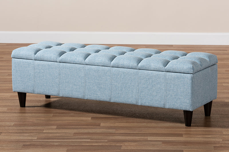 Beyla Mid-Century Modern Light Blue Fabric Upholstered Dark Brown Finished Wood Storage Bench Ottoman