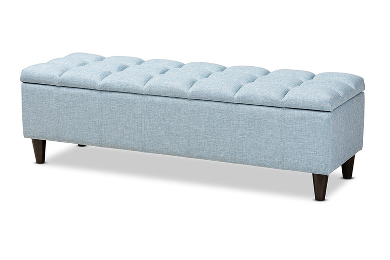 Beyla Mid-Century Modern Light Blue Fabric Upholstered Dark Brown Finished Wood Storage Bench Ottoman