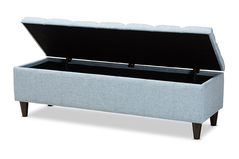 Beyla Mid-Century Modern Light Blue Fabric Upholstered Dark Brown Finished Wood Storage Bench Ottoman