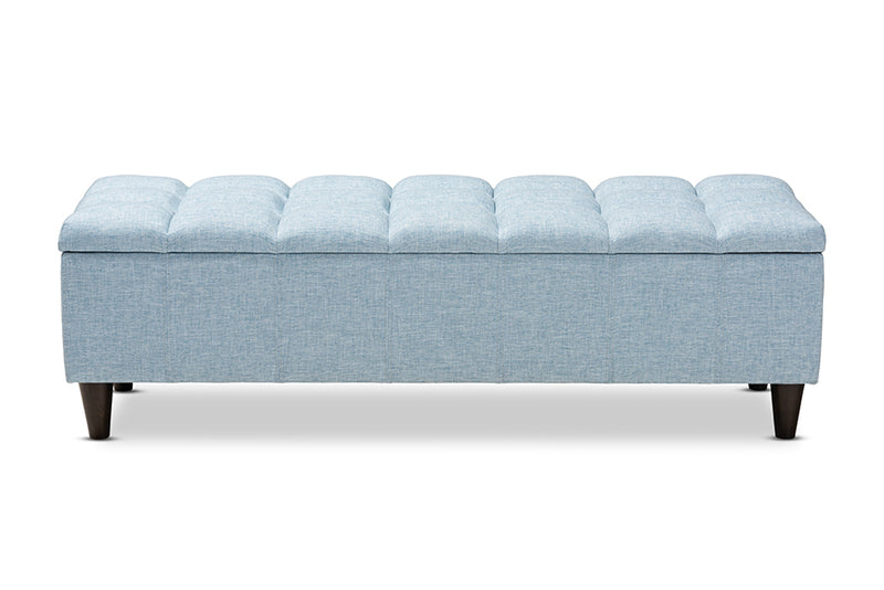 Beyla Mid-Century Modern Light Blue Fabric Upholstered Dark Brown Finished Wood Storage Bench Ottoman