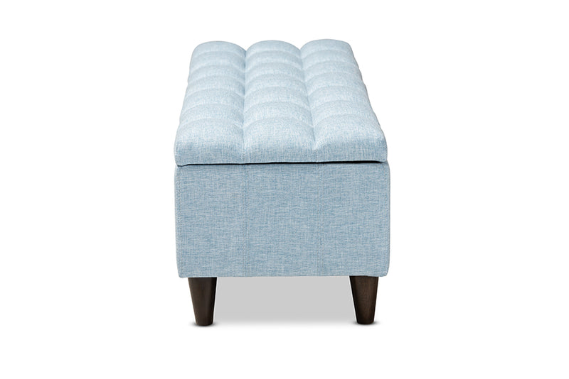 Beyla Mid-Century Modern Light Blue Fabric Upholstered Dark Brown Finished Wood Storage Bench Ottoman