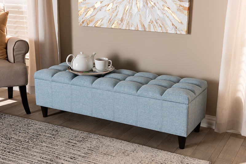 Beyla Mid-Century Modern Light Blue Fabric Upholstered Dark Brown Finished Wood Storage Bench Ottoman