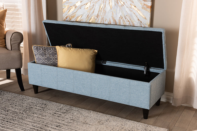 Beyla Mid-Century Modern Light Blue Fabric Upholstered Dark Brown Finished Wood Storage Bench Ottoman