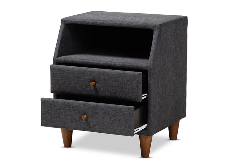 Remy Mid-Century Modern Charcoal Fabric Upholstered 2-Drawer Wood Nightstand