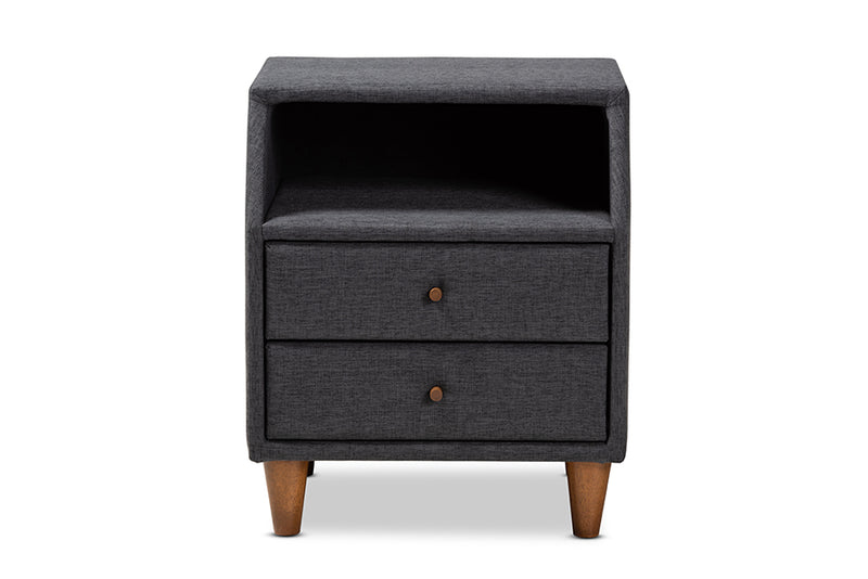 Remy Mid-Century Modern Charcoal Fabric Upholstered 2-Drawer Wood Nightstand