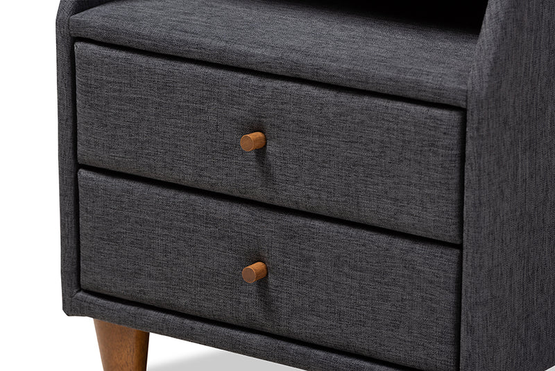 Remy Mid-Century Modern Charcoal Fabric Upholstered 2-Drawer Wood Nightstand