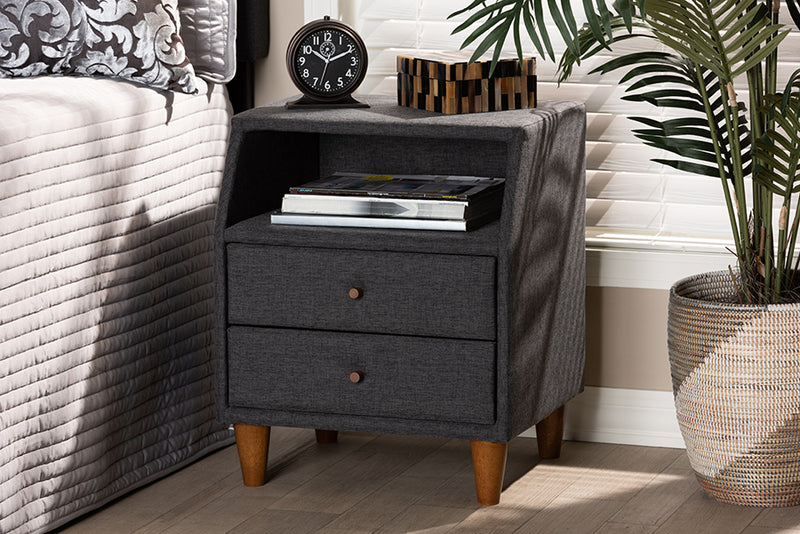 Remy Mid-Century Modern Charcoal Fabric Upholstered 2-Drawer Wood Nightstand