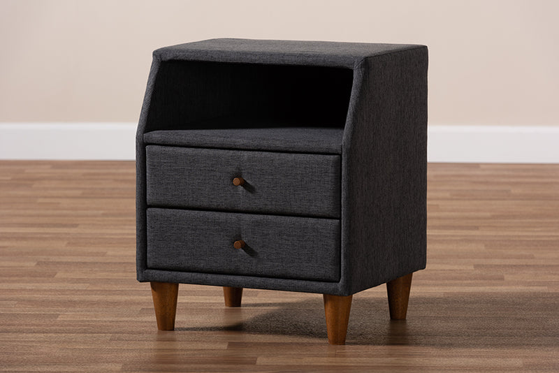 Remy Mid-Century Modern Charcoal Fabric Upholstered 2-Drawer Wood Nightstand