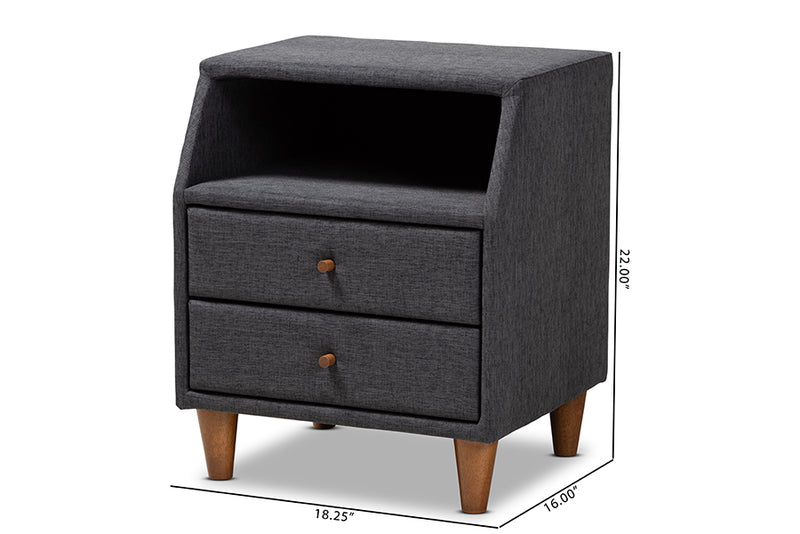 Remy Mid-Century Modern Charcoal Fabric Upholstered 2-Drawer Wood Nightstand