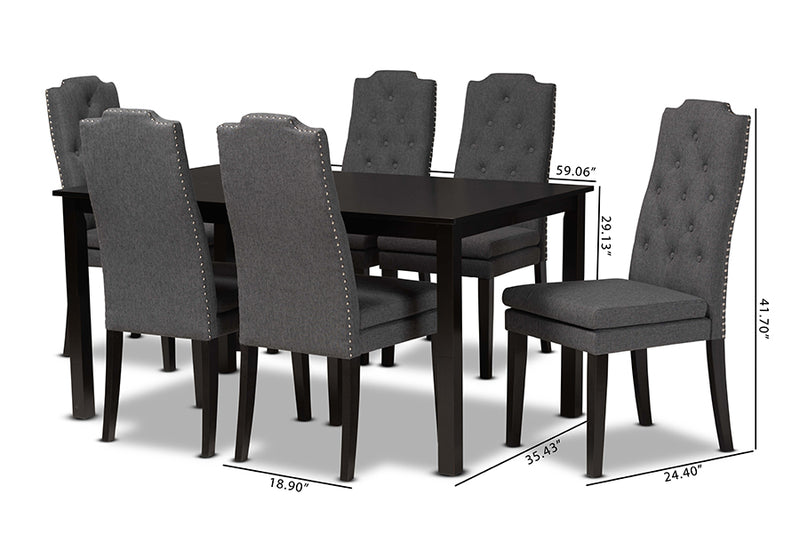 Newcastle Modern and Contemporary Dark Gray Fabric Upholstered and Dark Brown Finished Wood 7-Piece Dining Set