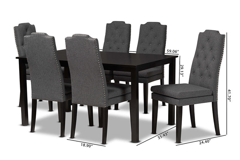 Newcastle Dark Gray Fabric Upholstered and Dark Brown 7-Piece Dining Set Baxton