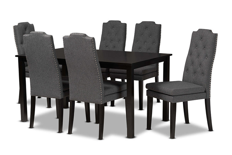 Newcastle Dark Gray Fabric Upholstered and Dark Brown 7-Piece Dining Set Baxton