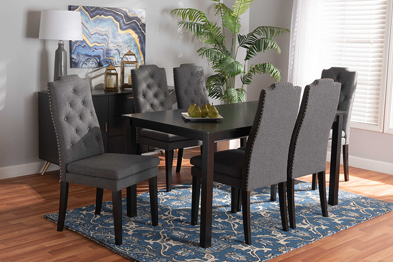 Newcastle Modern and Contemporary Dark Gray Fabric Upholstered and Dark Brown Finished Wood 7-Piece Dining Set