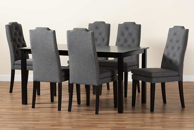 Newcastle Modern and Contemporary Dark Gray Fabric Upholstered and Dark Brown Finished Wood 7-Piece Dining Set