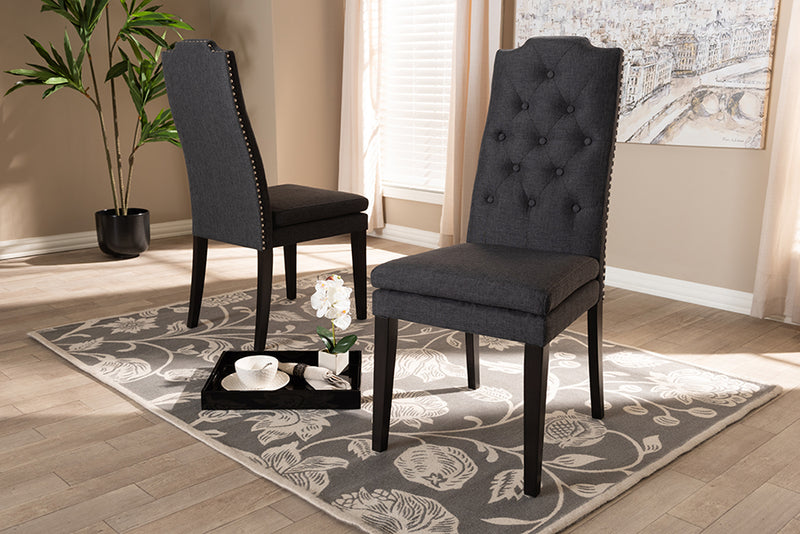 Newcastle Modern and Contemporary Charcoal Fabric Upholstered Button Tufted Wood Dining Chair Set of 2