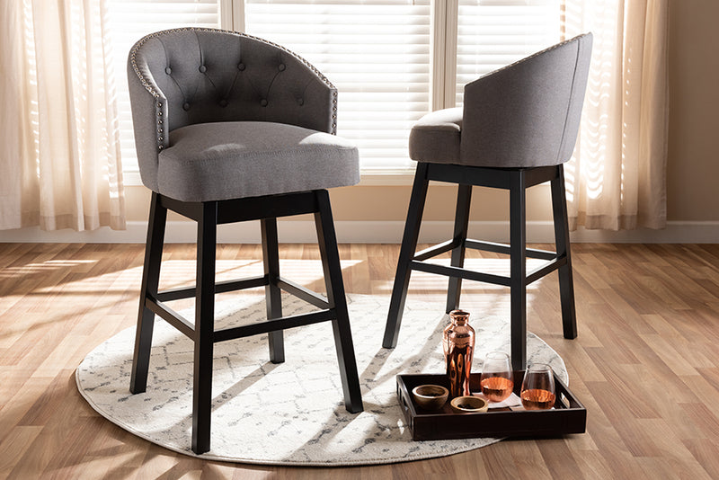 Olson Transitional Gray Fabric Upholstered Wood Swivel Bar Stool Set of 2