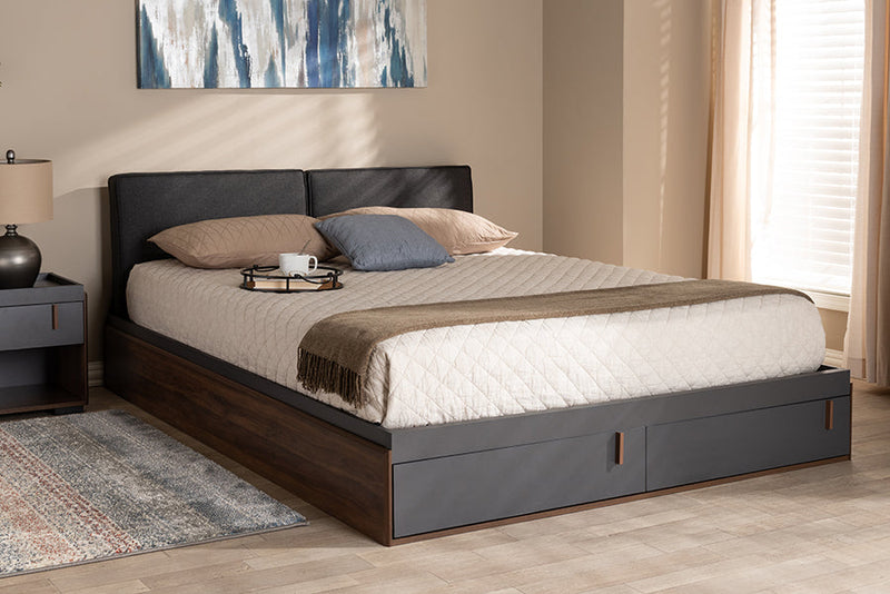 Keagan Two-Tone Gray and Walnut Queen Storage Bed Baxton