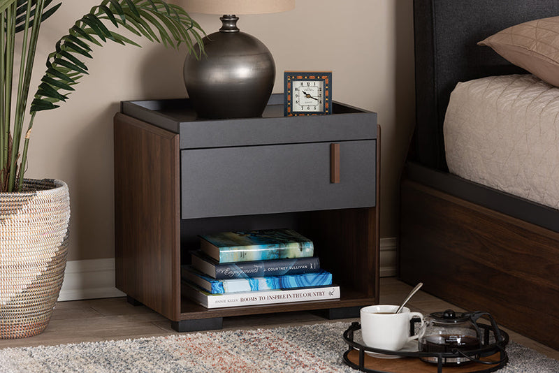 Keagan Two-Tone Gray and Walnut 1-Drawer Nightstand Baxton