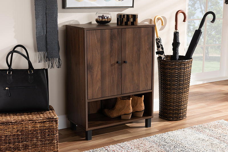 Sylvia Modern and Contemporary Walnut Brown Finished 2-Door Wood Entryway Shoe Storage Cabinet