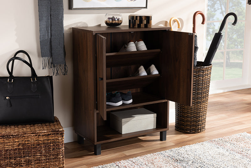 Sylvia Modern and Contemporary Walnut Brown Finished 2-Door Wood Entryway Shoe Storage Cabinet