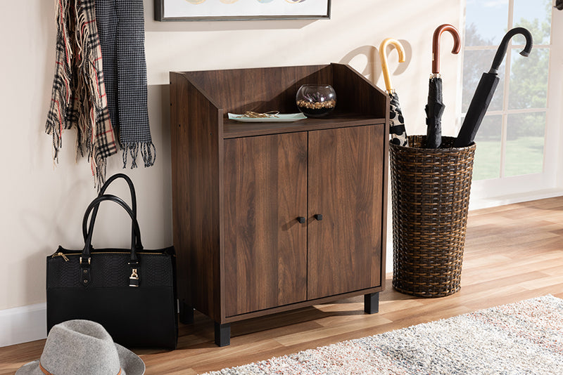 Sylvia Modern and Contemporary Walnut Brown Finished 2-Door Wood Entryway Shoe Storage Cabinet w/Open Shelf