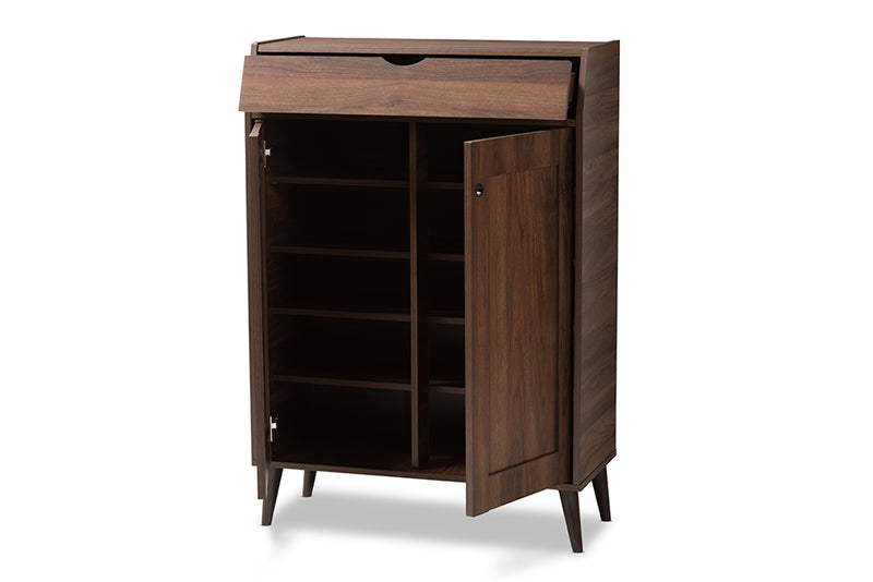 Kalila Mid-Century Modern Walnut Brown finished 2-Door Wood Entryway Shoe Storage Cabinet