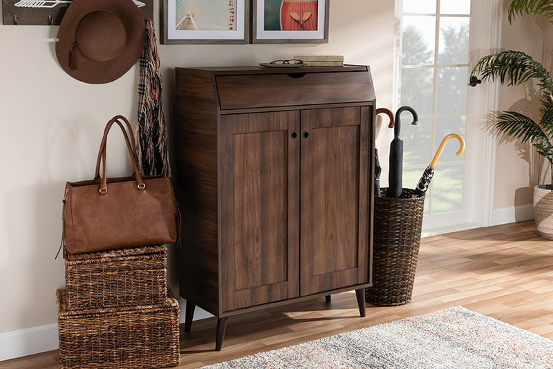 Kalila Mid-Century Modern Walnut Brown finished 2-Door Wood Entryway Shoe Storage Cabinet