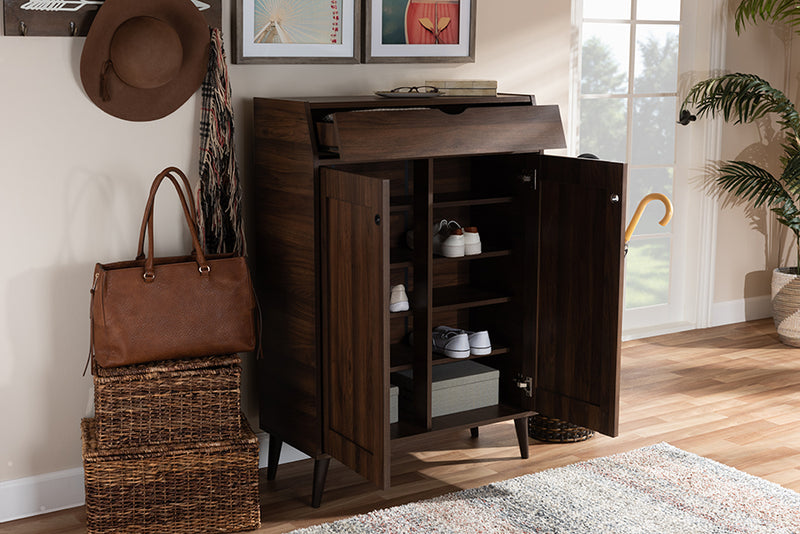 Kalila Mid-Century Modern Walnut Brown finished 2-Door Wood Entryway Shoe Storage Cabinet