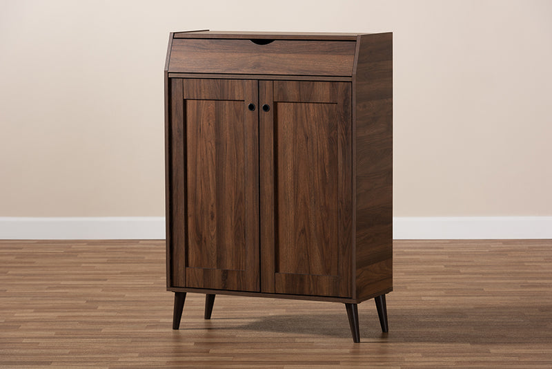 Kalila Mid-Century Modern Walnut Brown finished 2-Door Wood Entryway Shoe Storage Cabinet