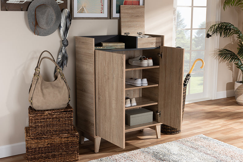 Zariah Mid-Century Modern Two-Tone Oak Brown and Dark Gray Entryway Shoe Cabinet w/Lift-Top Storage Compartment