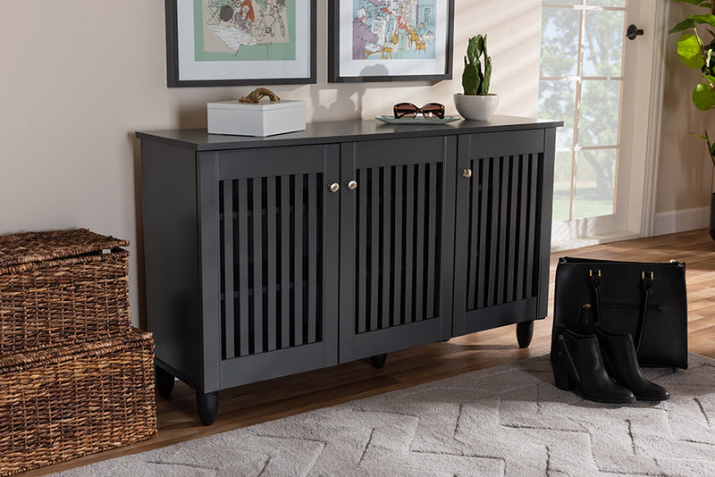 Emmett Modern and Contemporary Dark Gray 3-Door Wooden Entryway Shoe Storage Wide Cabinet