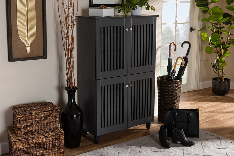 Emmett Modern and Contemporary Dark Gray 4-Door Wooden Entryway Shoe Storage Cabinet